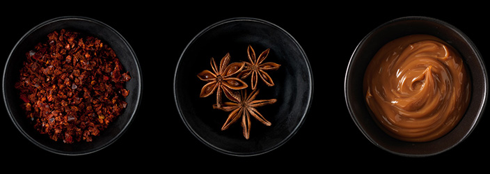 Red chili pepper, star anise and caramel