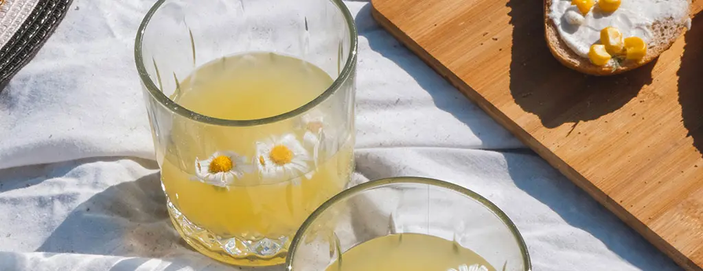 Two glasses with ice tea with floating flowers in it