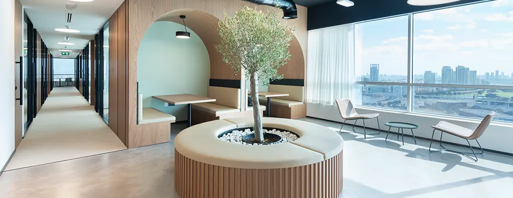 Interior of the creative centre with a view over Dubai