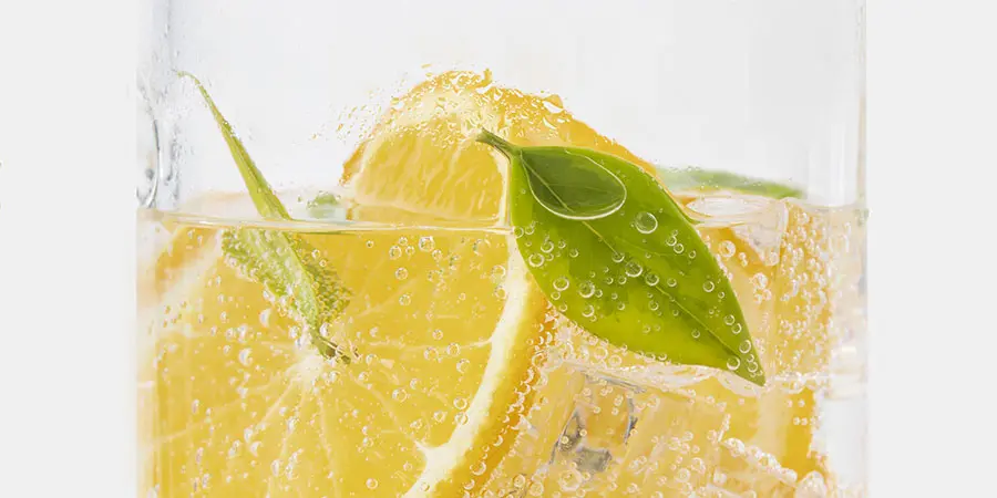 Carbonated clear soft drink with a slice of orange and orange leaf