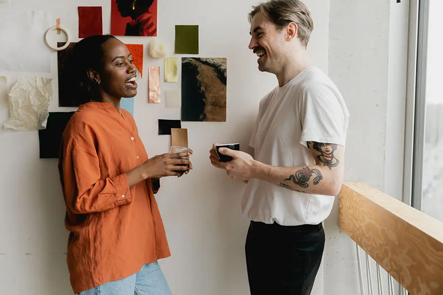 Two people having a quick chat in the office