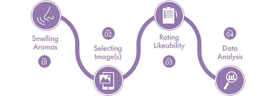 Four white icons on a purple background represent steps in a process related to citrus beverages. Step 01 is smelling aromas; Step 02 is selecting image(s); Step 03 is raking likeability; and Step 04 is data analysis.