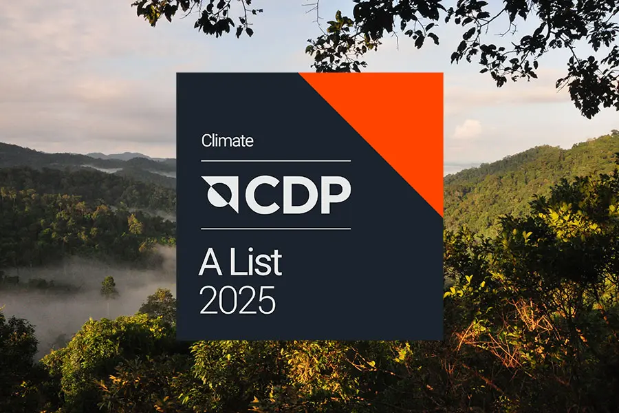A lush green landscape with mist rolling over hills is in the background. In the foreground, a logo features the text "Climate CDP A List 2025" with an orange and dark blue design, conveying a focus on environmental recognition.