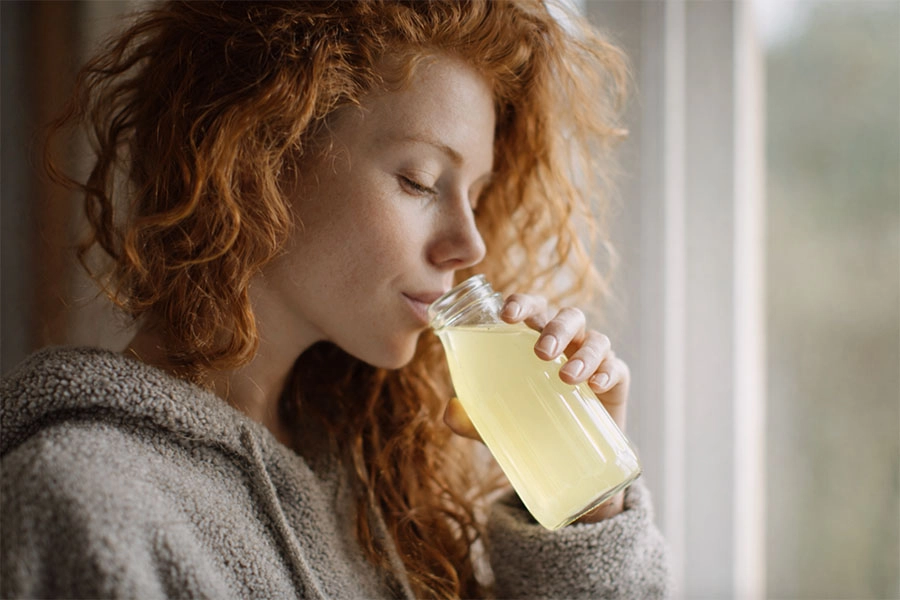 A red-haired woman in a cozy gray sweater sips pale yellow juice from a glass bottle beside a bright window, creating a calm, relaxed mood.