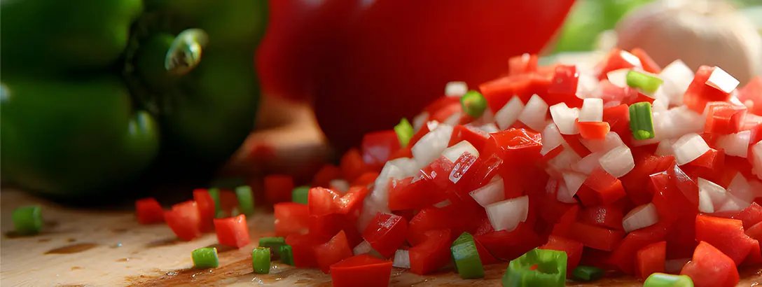 Diced red and green bell pepper with onion on a cutting board