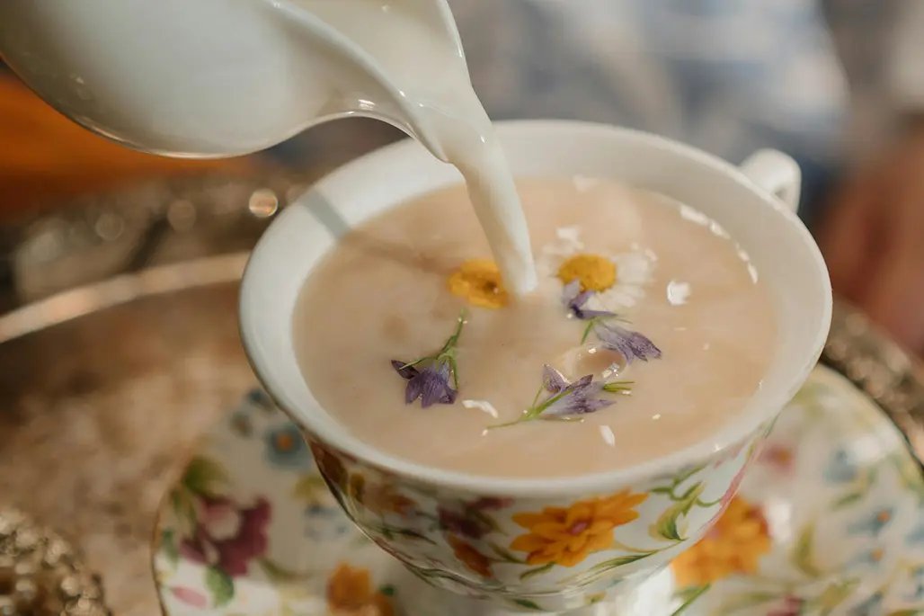 Pooring milk in a cup of tea with floating flowers