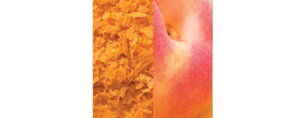 Combined image of peach flakes and a whole peach