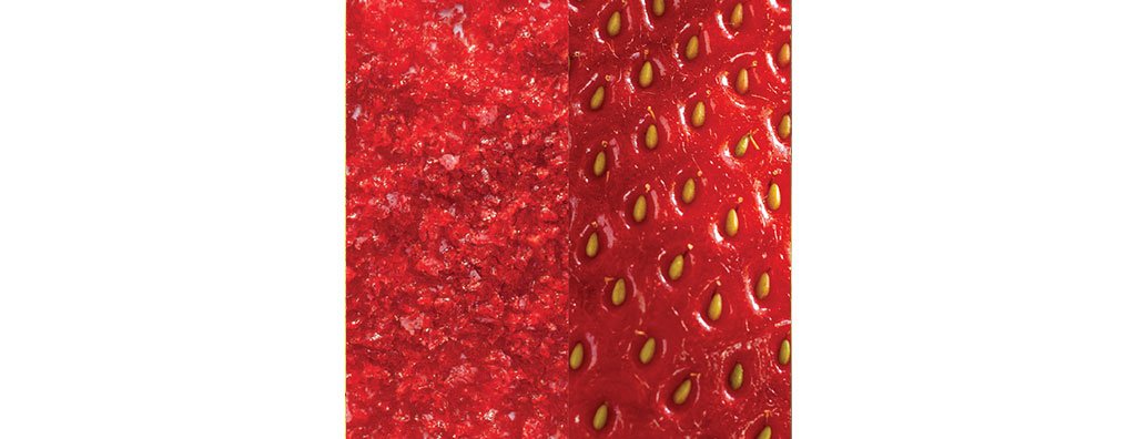Combined image of granulated strawberry and a whole strawberry