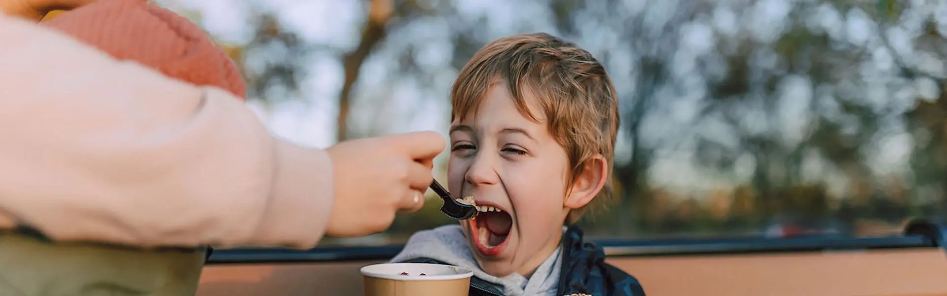 Boy holding a doughnut while sitting on a park bench