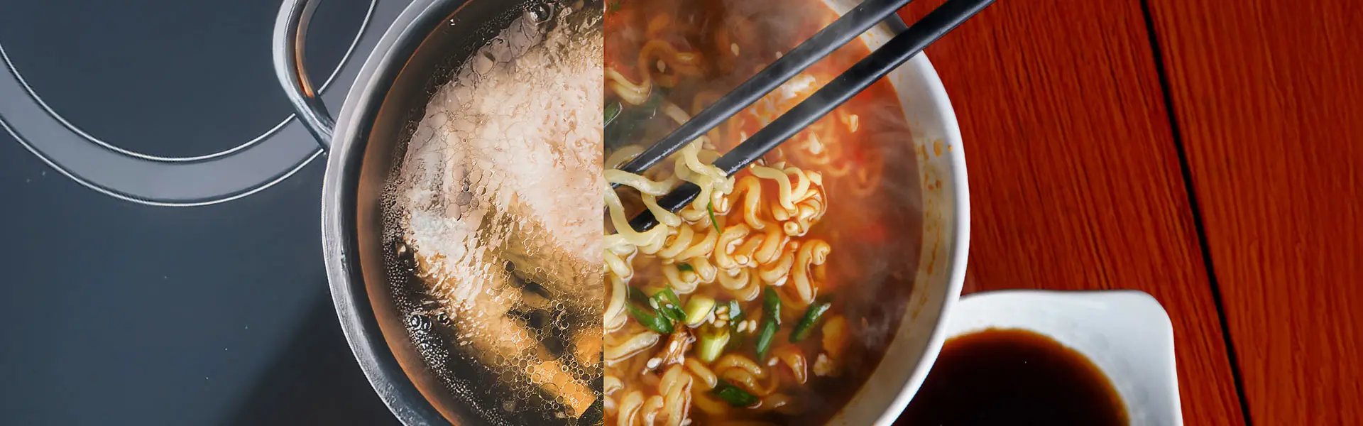 Combined image with boiled whole chicken and chicken noodles in a bowl