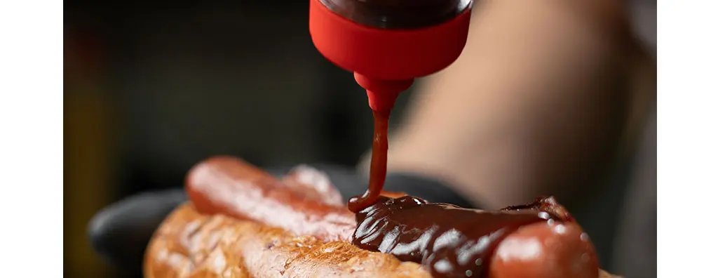Adding sauce to a hot dog