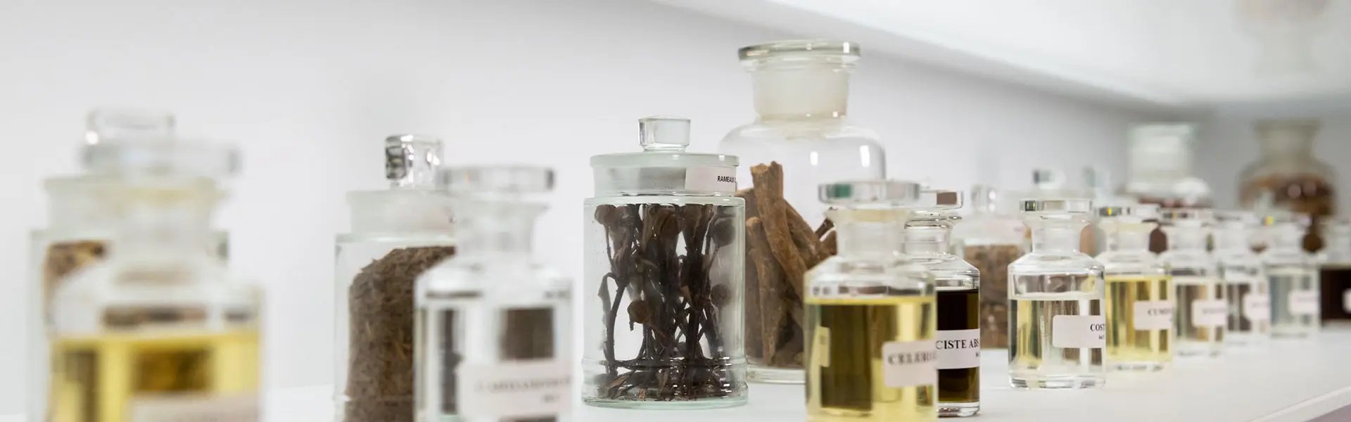 A range of bottles filled with oils and raw materials