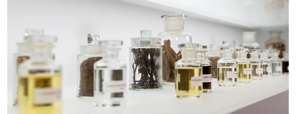 A display with a variety of perfume bottles with oil and ingredients