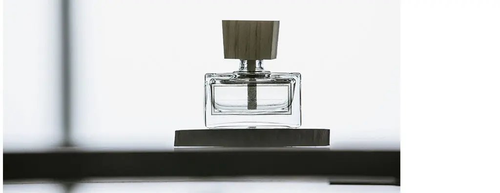 A perfume bottle on a display