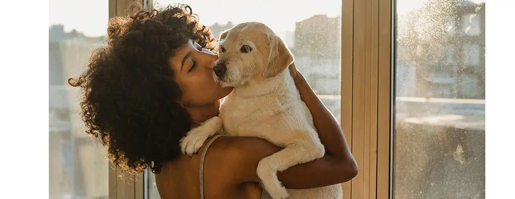 A mutt snuggling with his mum