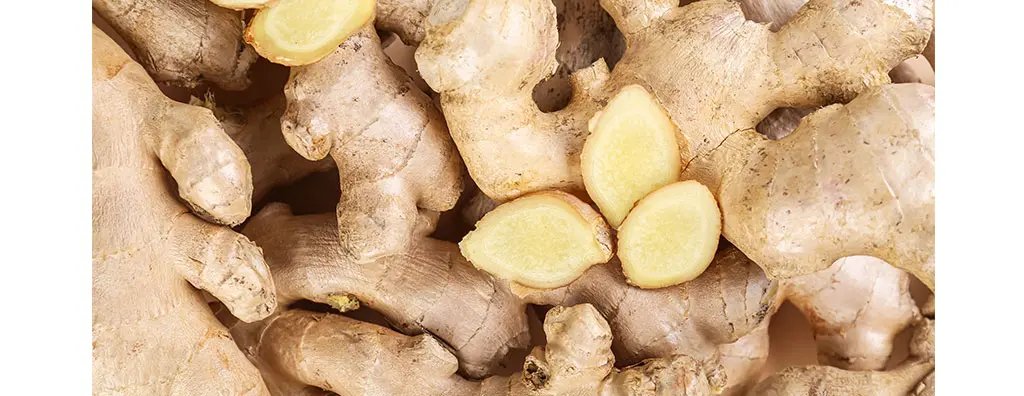 Piles of fresh ginger root are displayed, showcasing their light brown skin and creamy yellow interior. Some pieces are sliced open, revealing their vibrant inner flesh.