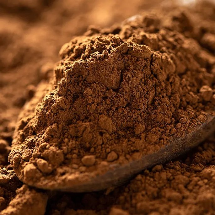 A brown powder on a spoon representing caramel