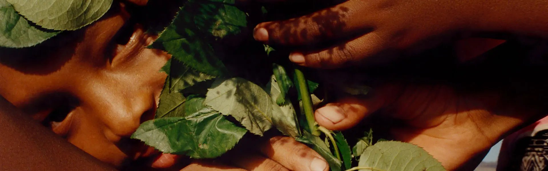 GIV IB H AfricanKidsEyes.png A child's face peeks through a bouquet of flowers, surrounded by hands holding it tightly. The background shows a clear blue sky and earthy tones, suggesting a warm, nurturing moment.