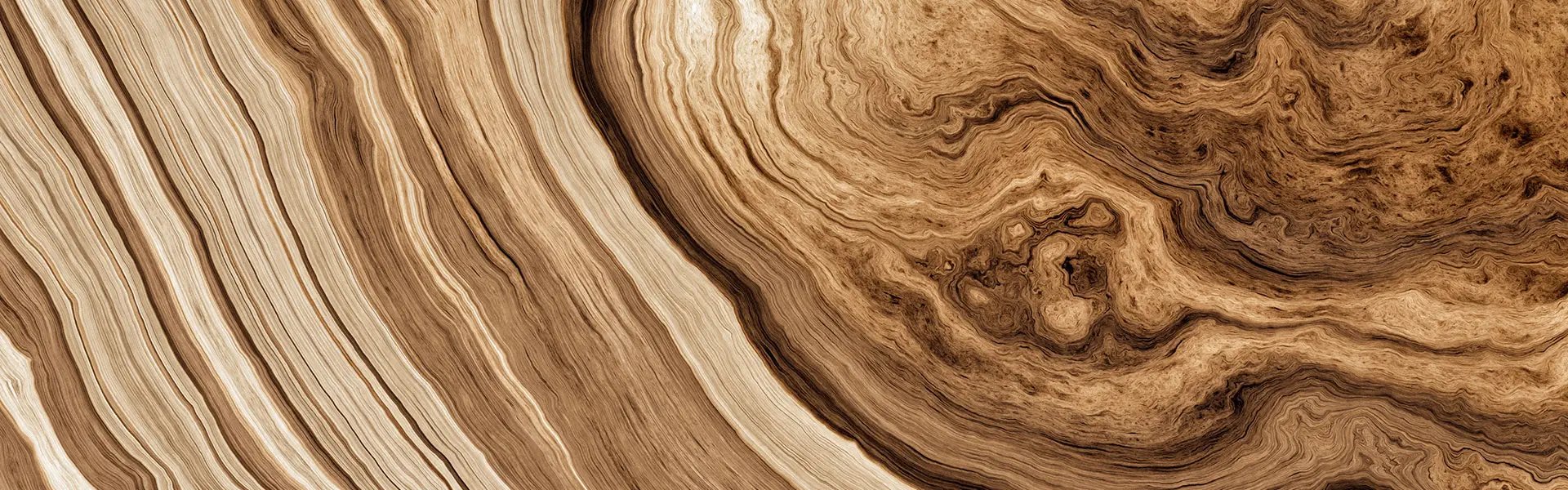 Swirling patterns of light and dark brown wood grain are visible, creating a natural, organic texture.