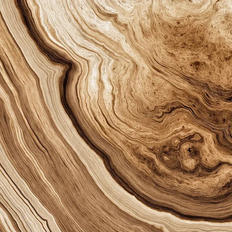 Swirling patterns of light and dark brown wood grain are visible, creating a natural, organic texture. 