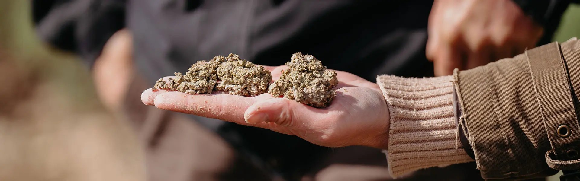 A hand is holding soil clumps, showcasing dark and earthy tones. In the background, another person in a black jacket is partially visible, with a blurred natural setting.