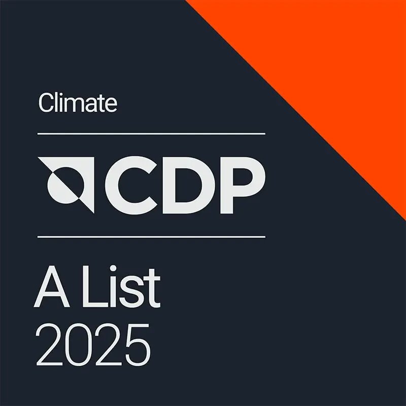 Badge features the text "Climate CDP A List 2025" with an orange and dark blue design, conveying a focus on environmental recognition.