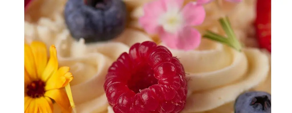 A close-up view of a creamy dessert decorated with fresh raspberries, blueberries, and vibrant edible flowers, creating a bright and inviting appearance.