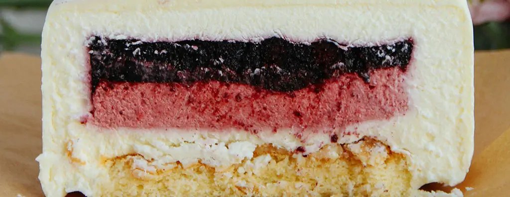 A cross-section of a layered dessert showcases distinct layers of creamy white, pink, and dark purple filling, resting on a light sponge base. The layers appear rich and inviting, hinting at a blend of fruity and creamy flavours.