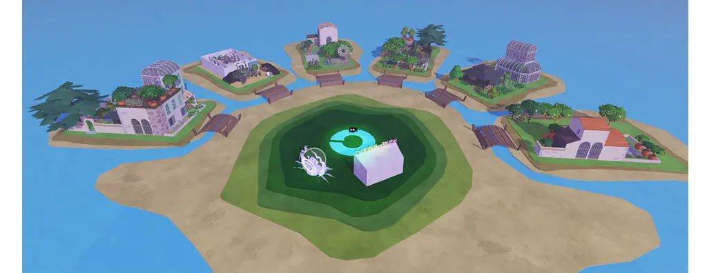 A vibrant, aerial view of a digital landscape featuring seven small islands, each with lush greenery, buildings, and garden spaces. A large, circular green area with a central design is surrounded by wooden pathways connecting the islands, set against a serene blue sky.