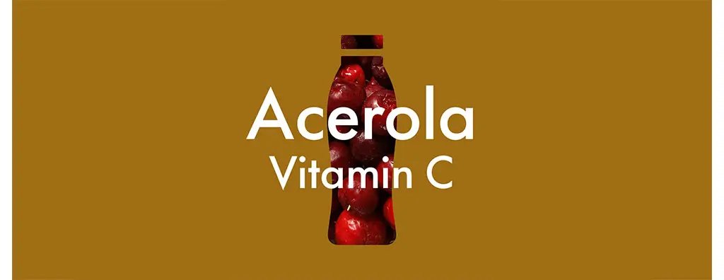 The design features the word "Acerola" in bold white letters on a warm golden background, with a bottle shape filled with red acerola cherries in the centre.
