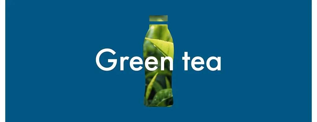A blue background features the words "Green tea" in white, with a bottle filled with fresh green tea leaves, evoking a refreshing feel.