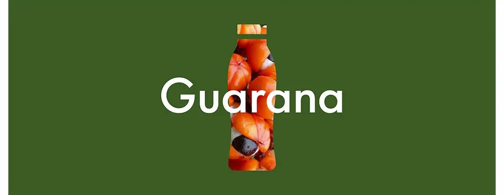 The design features a dark green background with the word "Guarana" in bold white lettering. The text is creatively overlaid with images of vibrant guarana seeds, showcasing their orange and black colours.