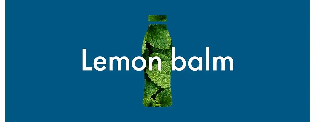 A dark blue background features the silhouette of a bottle filled with vibrant green lemon balm leaves. Bold white text reads "Lemon balm," conveying a fresh and natural theme.