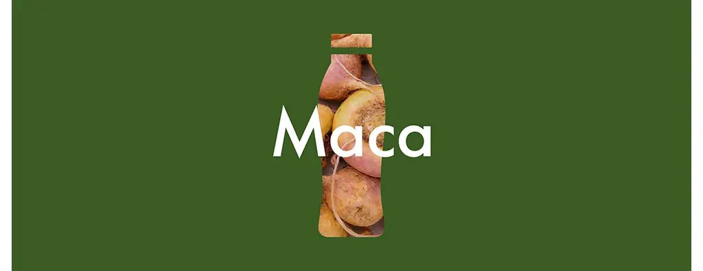 The image features the word "Maca" in bold white text, centred against a green background. Inside the text, there are yellowish-brown maca roots, suggesting a natural, healthy focus.