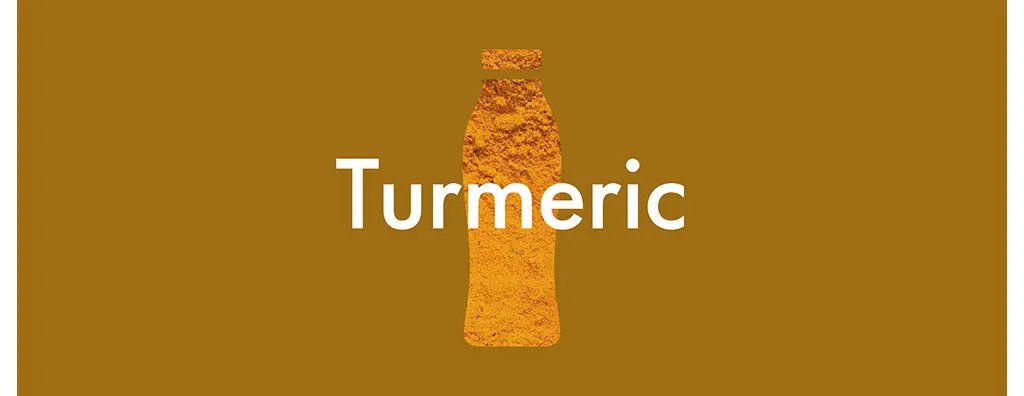 A bold design featuring a silhouette of a bottle filled with turmeric powder, set against a warm brown background. The word "Turmeric" is prominently displayed in white beneath the bottle, highlighting the spice's significance.