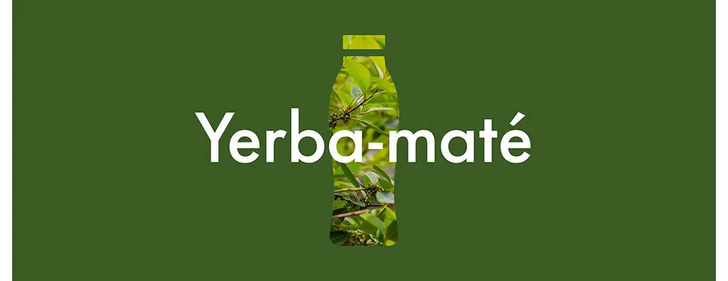 Green background featuring the text "Yerba-maté" in bold, white letters, shaped like a bottle. Inside the bottle silhouette, lush green leaves are visible, evoking a natural and refreshing mood.