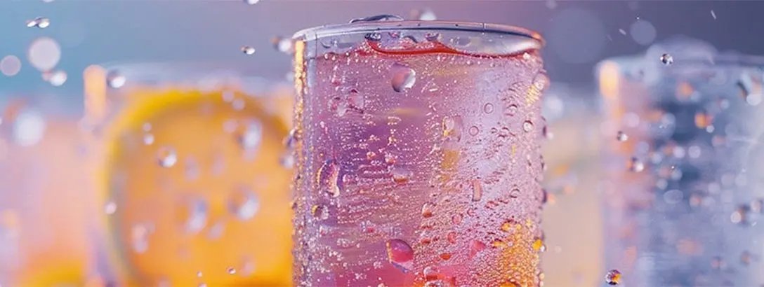 A close-up of a sparkling drink in a glass, with condensation beads on the surface. The background features blurred, colourful drinks, creating a refreshing atmosphere.