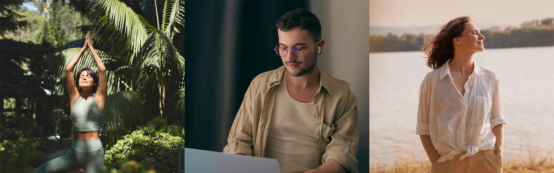 Three distinct images highlight wellness themes: a person practising yoga outdoors surrounded by lush greenery, someone focused on a laptop inside, and another enjoying a serene lakeside moment, hair gently blowing in the breeze.
