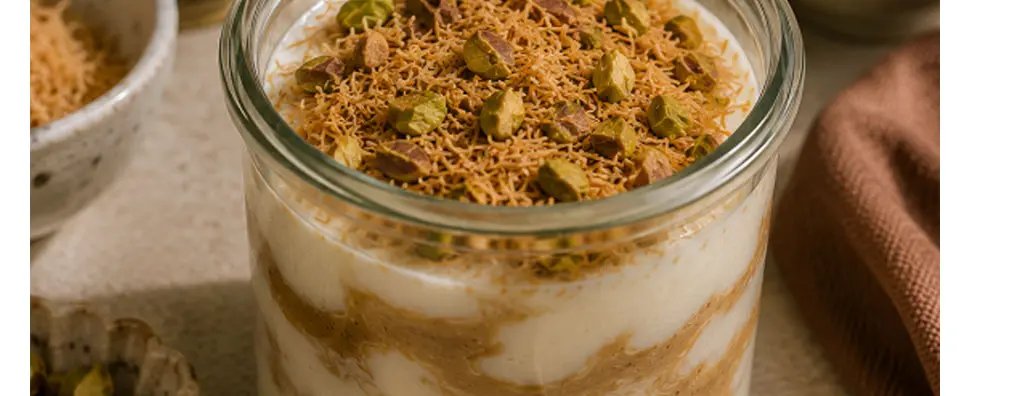 A glass jar filled with a creamy dessert layered with golden strands and sprinkled with crushed pistachios sits on a textured surface.