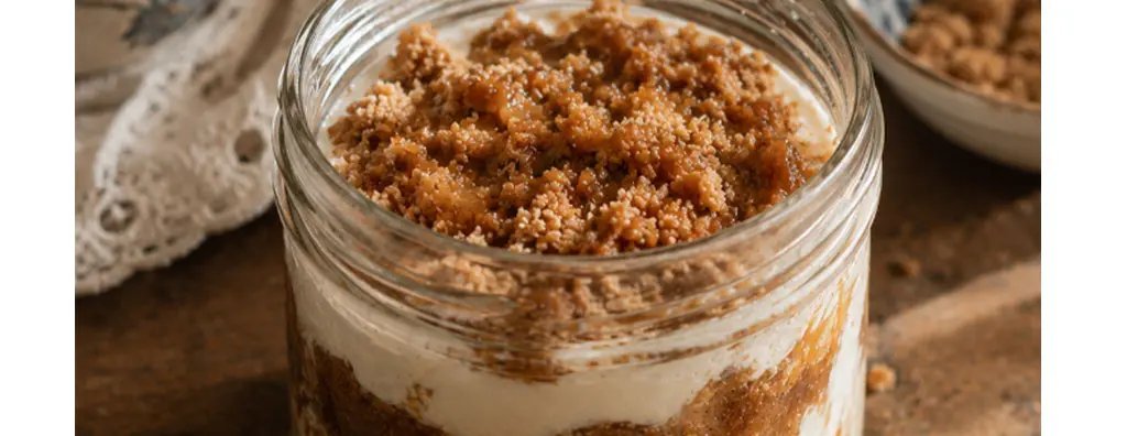 A glass jar filled with layers of creamy dessert topped with a crumbly brown topping sits on a wooden table. 