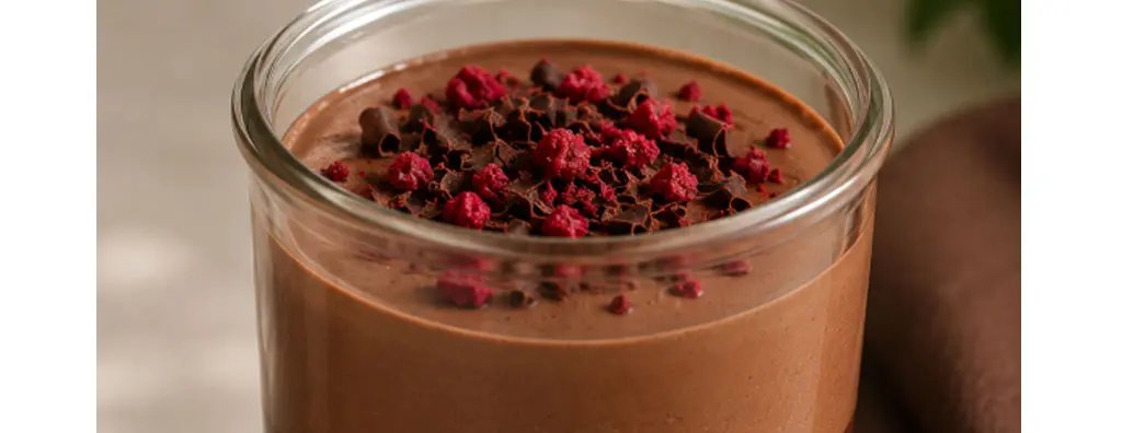 A glass jar filled with a rich chocolate mousse featuring two distinct layers, topped with dark chocolate shavings and bright red raspberry pieces. 