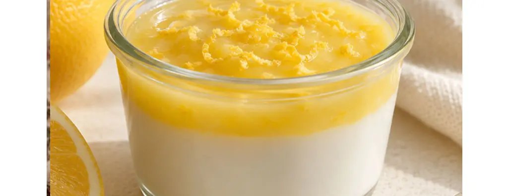 A glass jar filled with creamy dessert topped with bright lemon curd and zest sits beside whole and halved lemons. The warm lighting creates a cheerful, inviting mood.