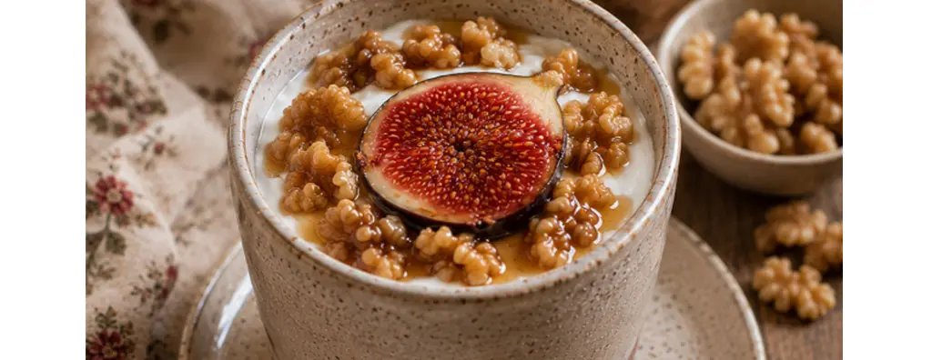 A rustic bowl filled with creamy yoghurt topped with a sliced fig, walnuts, and drizzled with honey sits on a speckled plate. 