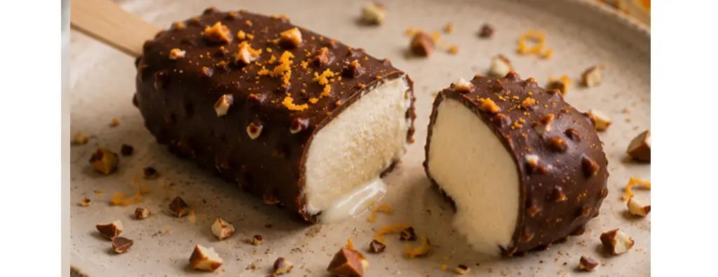 A chocolate-coated ice cream treat sits on a textured beige plate, with one piece cut in half, revealing creamy vanilla ice cream.