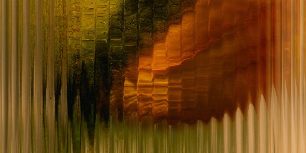Abstract blurred flower in amber orange, olive green, and black, with rippling horizontal forms and elongated vertical streaks creating a moody, dreamlike texture.