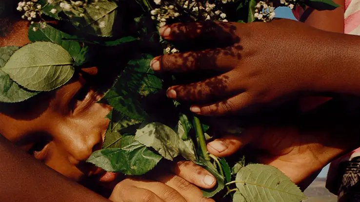 A child's face peeks through a lush bouquet of flowers and greenery.
